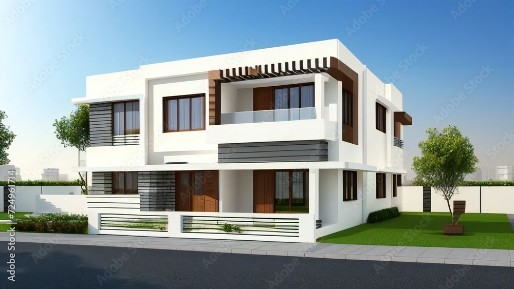 3d house model rendering on white background, Clean and precise 3D illustration modern cozy house. Concept for real estate or property.