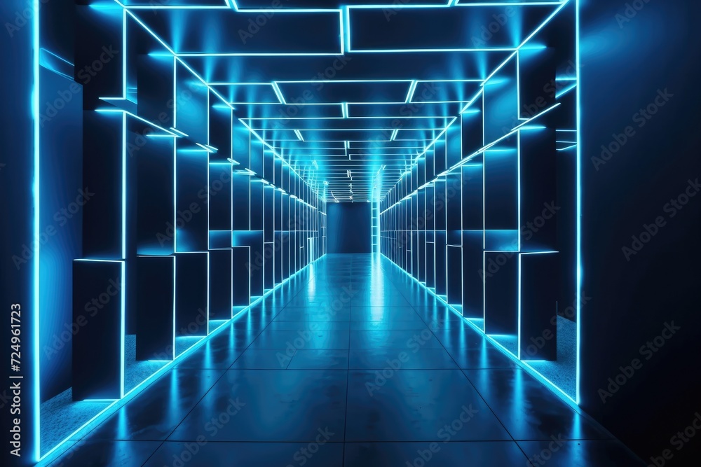 blue tint a blue neon lit corridor that is illuminated. Elegant neon light from the future on the wall blue tint a blue neon lit corridor that is illuminated. Elegant neon light from the future on the wall