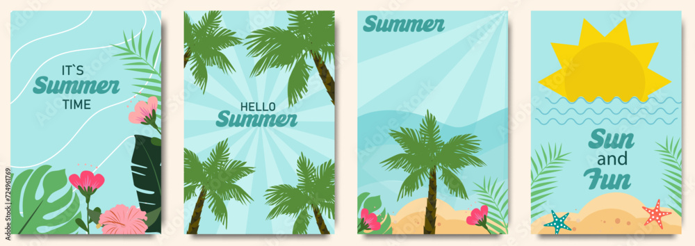 Abstract minimal summer poster, cover, card set with nature landscape, sun,tropical flowers, palms in the sea, fields and typography design. Summer holidays, journey, vacation travel illustrations