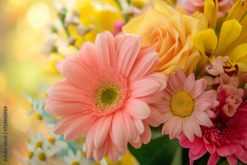 Fresh spring flowers. Beautiful colourful blossoming flowers bouquet. Generative AI