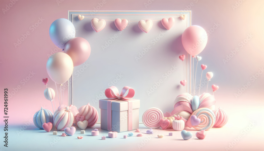 A romantic Valentine's Day setup featuring a gift box with a bow, surrounded by floating heart balloons and assorted candies on a pink background.
A romantic Valentine's Day setup featuring a gift box with a bow, surrounded by floating heart balloons and assorted candies on a pink background.