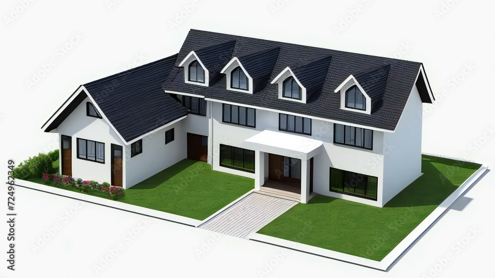 3d house model rendering on white background, Clean and precise 3D illustration modern cozy house. Concept for real estate or property.