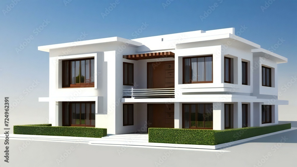 3d house model rendering on white background, Clean and precise 3D illustration modern cozy house. Concept for real estate or property.