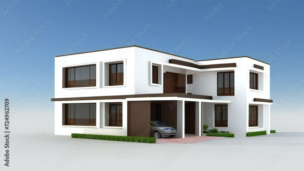 3d house model rendering on white background, Clean and precise 3D illustration modern cozy house. Concept for real estate or property.