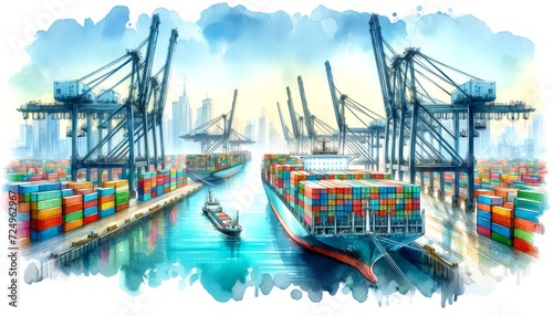 The image illustrates a busy container port with cargo ships and cranes.