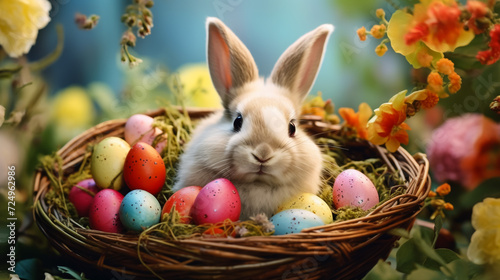 Easter Wonderland: Bunny in a Bed of Flowers, Guarding an Array of Colorful Eggs—a Picture-Perfect Celebration of Nature's Renewal