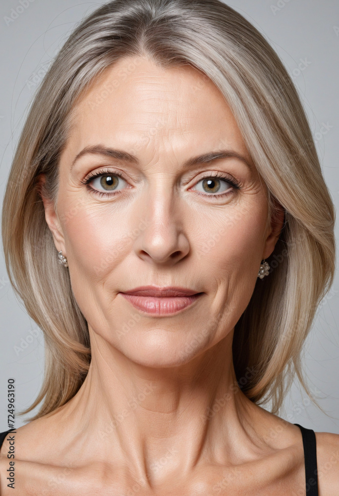 Close up studio headshot of a beautiful mature woman looking at the camera. Generative AI Close up studio headshot of a beautiful mature woman looking at the camera. Generative AI