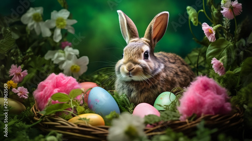 Joyful Nest: Easter Bunny Amidst Flowers, Safeguarding a Trove of Cheerful Eggs—A Vibrant Tapestry of Spring's Renewal. © Mujahid