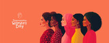 International Women's Day. March 8. Vector illustration of a group of women of different nationalities and races, symbolizing unity, unity and feminine strength and solidarity for banner, poster or ba