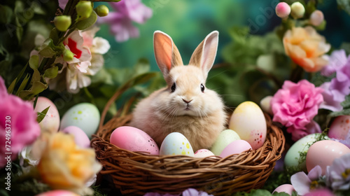 Floral Whispers  Easter Bunny in a Bed of Blossoms  Nestled Among Hand-Painted Eggs   A Quiet Celebration of Nature s Rebirth