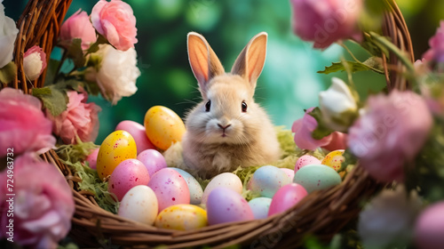 Floral Whispers  Easter Bunny in a Bed of Blossoms  Nestled Among Hand-Painted Eggs   A Quiet Celebration of Nature s Rebirth