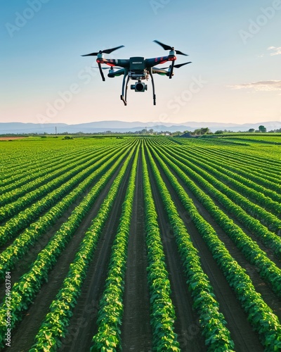drone for agriculture, drone use for various fields like research analysis, safety,rescue, terrain scanning technology, monitoring soil hydration, yield problem and send data to smart farmer on tablet photo