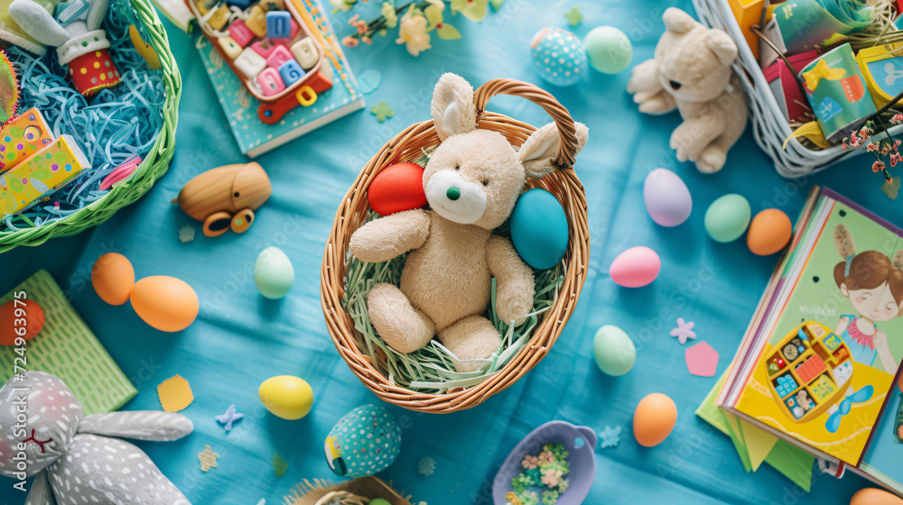 A flat lay of a childs Easter basket filled with toys books and treats.