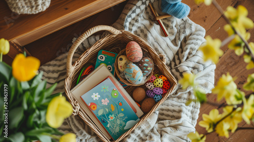 A flat lay of a childs Easter basket filled with toys books and treats.