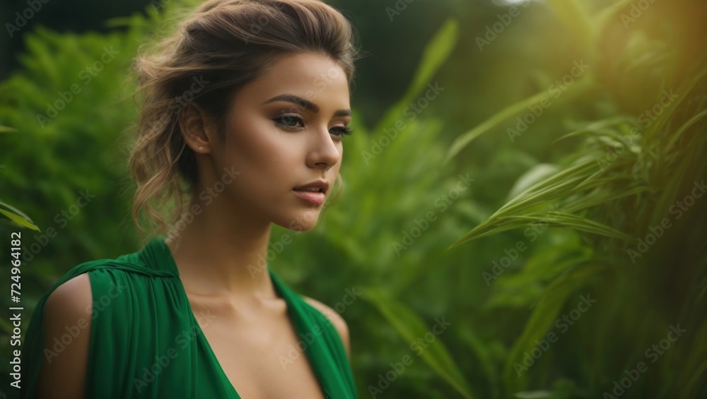 Fototapeta premium portrait of a woman in a green dress in green garden, fashion, hair, perfect body, spring