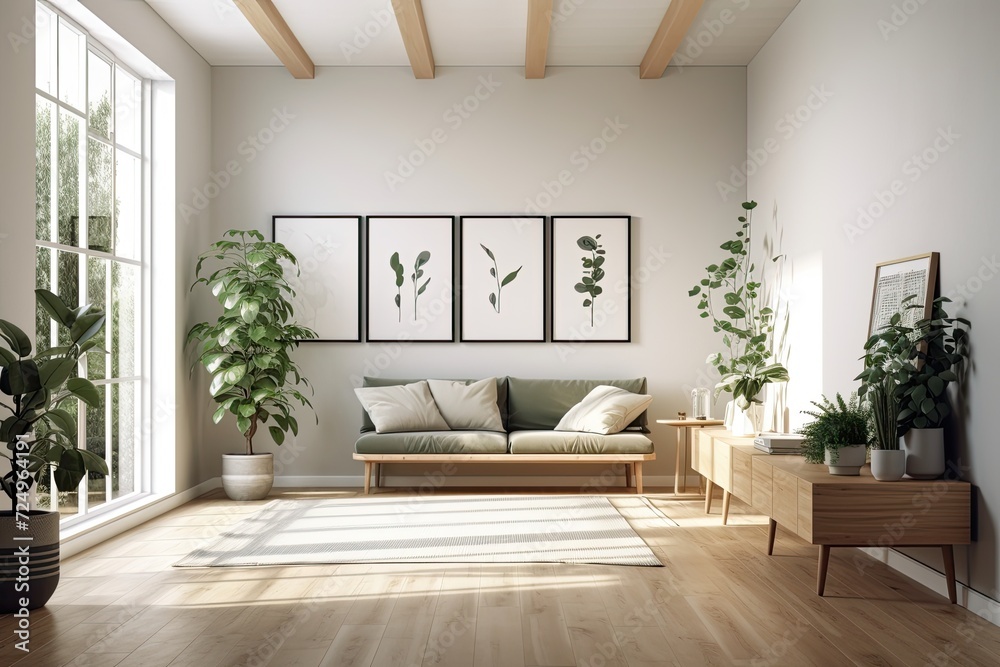 A modern, light filled room with an empty frame A modern, light filled room with an empty frame