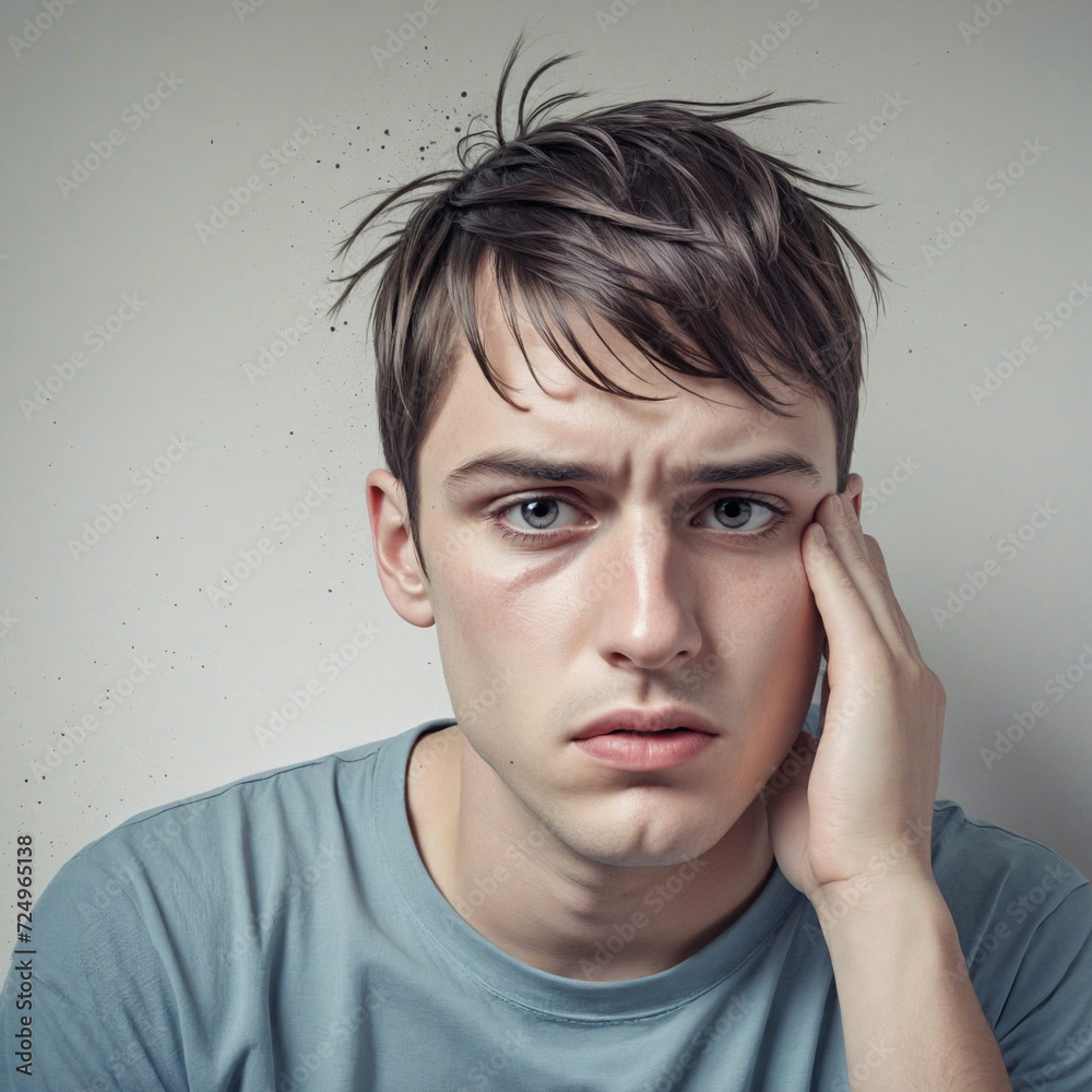 Young man with psychological disorder suffering from depression, stress and anxiety - Conceptual illustration of mental illness, generative AI Young man with psychological disorder suffering from depression, stress and anxiety - Conceptual illustration of mental illness, generative AI