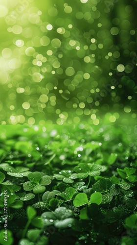 Green clover background, sun shining, sun rays. St. Patrick's Day Symbol