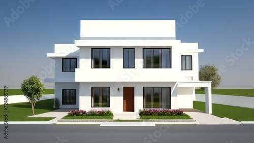 3d house model rendering on white background, Clean and precise 3D illustration modern cozy house. Concept for real estate or property.