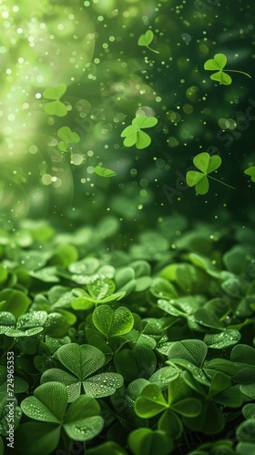 Green clover background, sun shining, sun rays. St. Patrick's Day Symbol