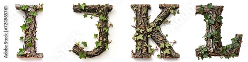 Alphabet letters I, J, K, L made of branches and leaves on white background