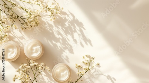 Skincare products and flowers on white background copy space. Springtime banner with flowers. 