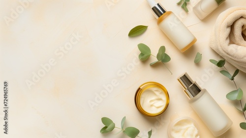 Skincare products on beige background. Cosmetic products top view  copy space.