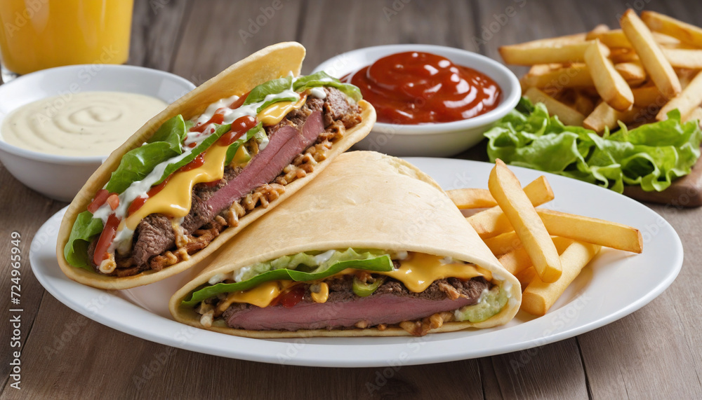 Savory French Tacos Sandwich With Beef And Fries. Lyon Style sandwich with Creamy Cheese Sauce. French Street Food - Fresh and Tasty! Savory French Tacos Sandwich With Beef And Fries. Lyon Style sandwich with Creamy Cheese Sauce. French Street Food - Fresh and Tasty!