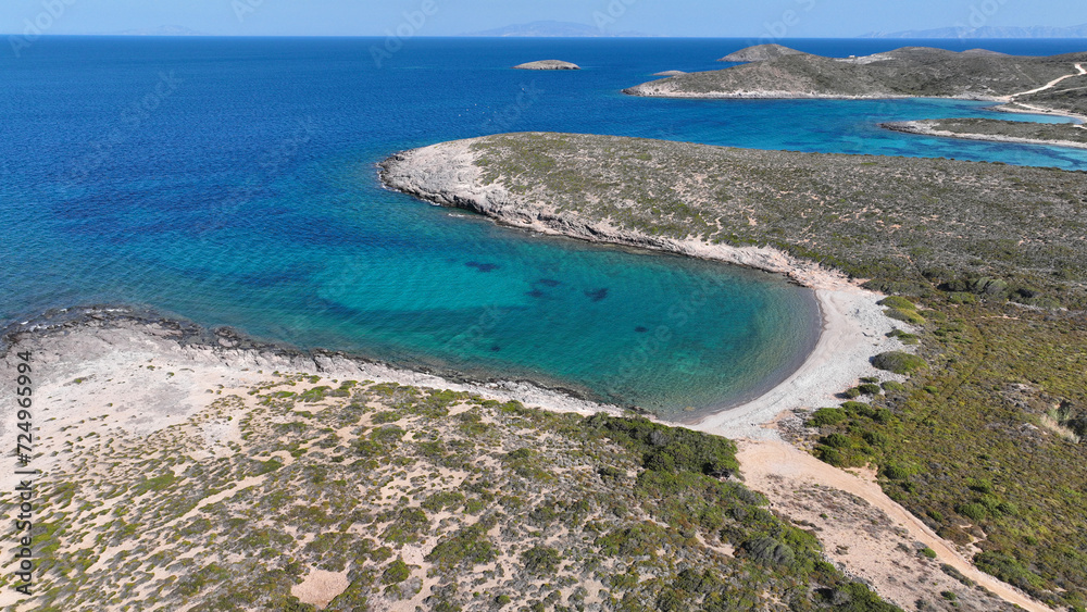 Aerial drone photo of paradise secluded beaches in Southern part of Antiparos island with crystal clear sea, Cyclades, Greece Aerial drone photo of paradise secluded beaches in Southern part of Antiparos island with crystal clear sea, Cyclades, Greece