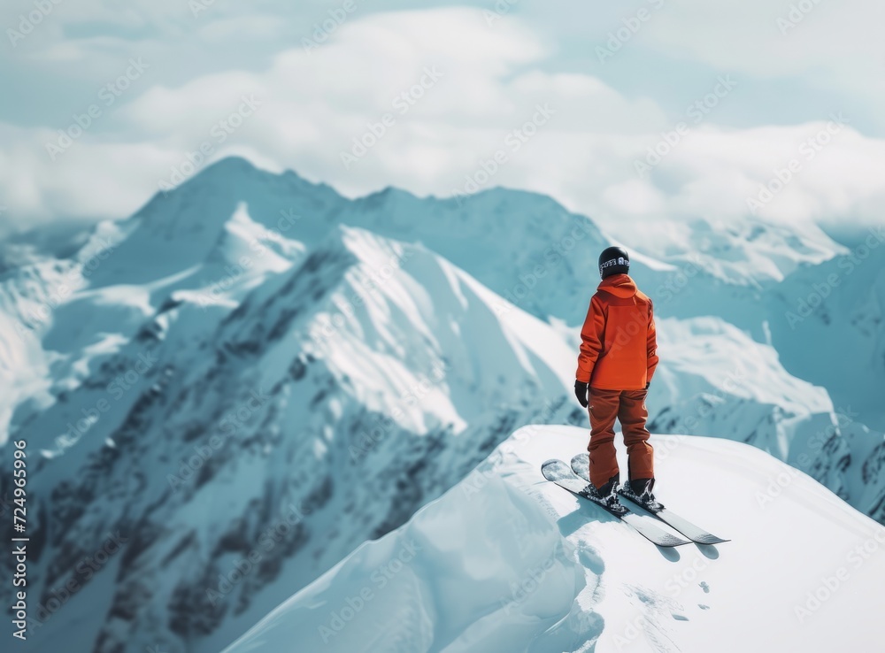 A skier in orange gear stands atop a snowy peak, gazing at the majestic snow-capped mountains under a clear sky.
