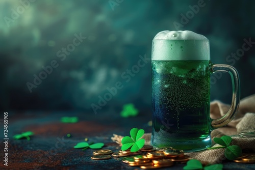 Green beer, gold coins and clover, symbols of St. Patrick's Day celebration, with space for text, congratulations