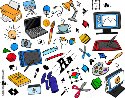 Set of hand drawn graphic designer doodle objects icons