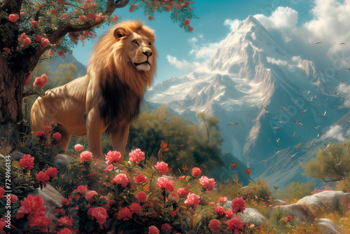 The sixth day of creation. A majestic lion stands in a blooming mountain landscape to mark the day when diverse fauna was created on Earth. photo