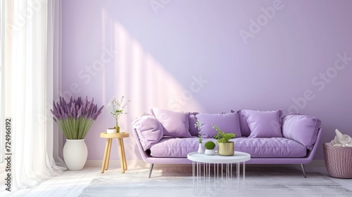 Cozy modern living room interior with purple and lavender accents and bright natural light