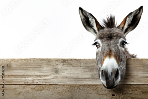 curious donkey peeks out from behind the fence, banner with copy space