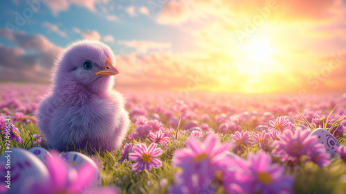 Background for Easter card, a chick on the background of the rising sun on a field of flowers, generated AI