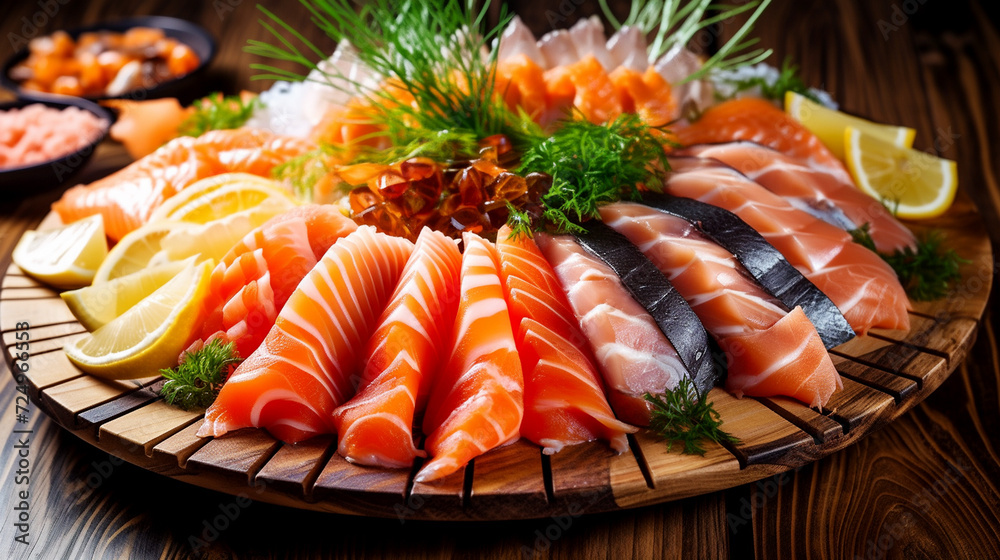 Sashimi with seafood on a black background. Michelin-starred restaurant menu. Culinary art. Japanese food. Sashimi with seafood on a black background. Michelin-starred restaurant menu. Culinary art. Japanese food.