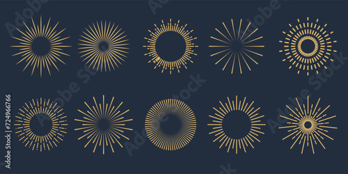 Vintage sunburst collection set. Bursting golden sun rays. Fireworks. Radial sunset beams. Logotype or lettering design element. Radial sunset beams. Vector illustration.