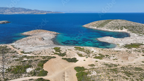 Aerial drone photo of paradise secluded beaches in Southern part of Antiparos island with crystal clear sea, Cyclades, Greece