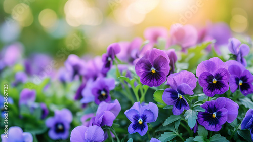 Delicate tiny purple pansy in the flowerbed.