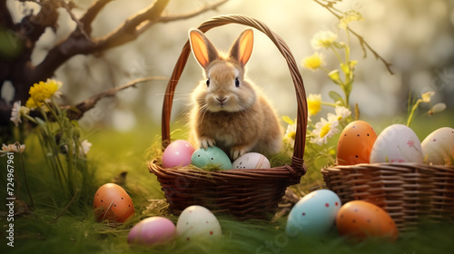 Easter Bunny Amidst Vibrant Blooms, Cradling a Collection of Cheerful Eggs—a Perfect Picture of Spring's Delight