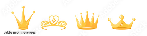 Gold crowns and tiaras set. Luxurious golden jewelry for queens and princes with hearts monarchical design and vintage gemstones with royal vector style