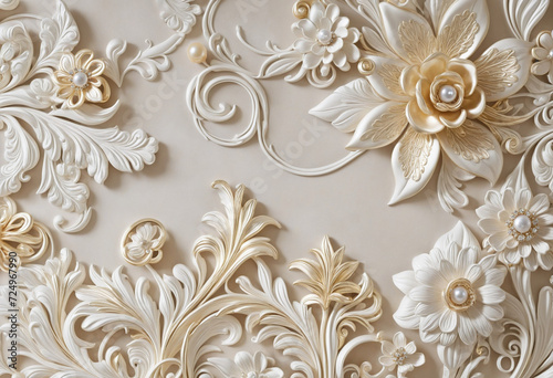 Luxurious 3D-printed ceiling wallpaper featuring elegant jewelry, floral motifs, swans, and abstract patterns