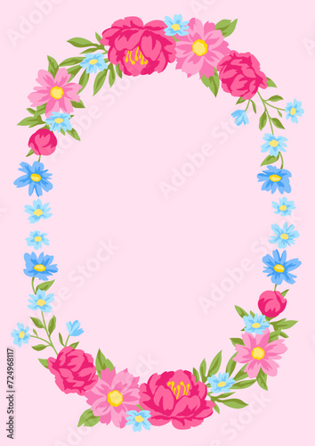 Frame with pretty flowers. Beautiful decorative natural plants and leaves.