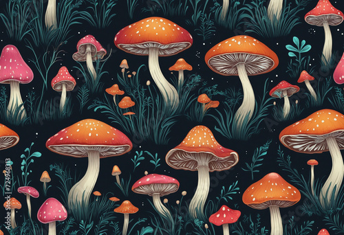 Enchanted Toadstools on Mysterious backdrop. Vibrant fantasy design. Creative illustration inspired by imagination. © SR07XC3