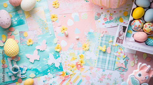 A flat lay of an Easter-themed scrapbooking project with patterned paper stickers and photos.