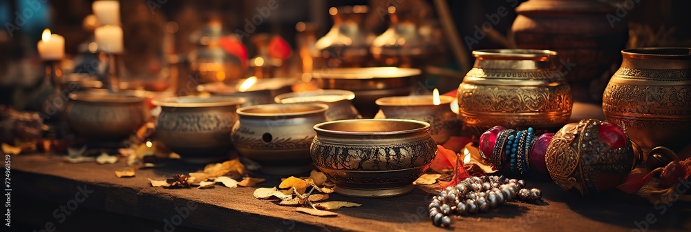 An array of ornate pottery and candles creates an atmospheric scene, rich with cultural significance and warmth