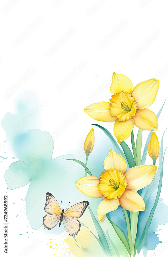 Watercolor daffodils copy space frame on white transparent background, Botanical herbal illustration for wedding or greeting card, Wallpaper, wrapping paper design, textile, scrapbooking