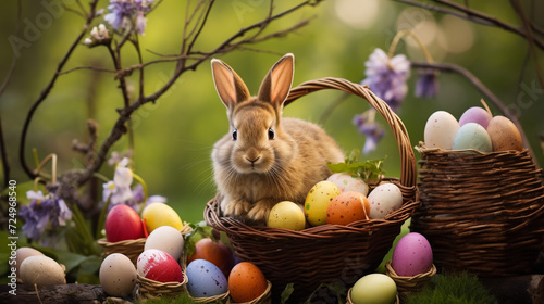 Easter Bunny Nestled in Blossoms, Hosting a Treasure Trove of Handcrafted Eggs—a Delightful Display of Springtime Magic