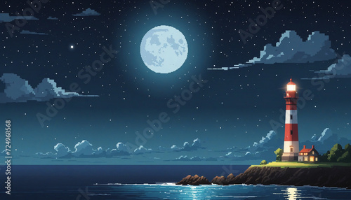 Pixel art depiction of a moonlit beach with a solitary lighthouse under a dramatic, cloudy night sky.